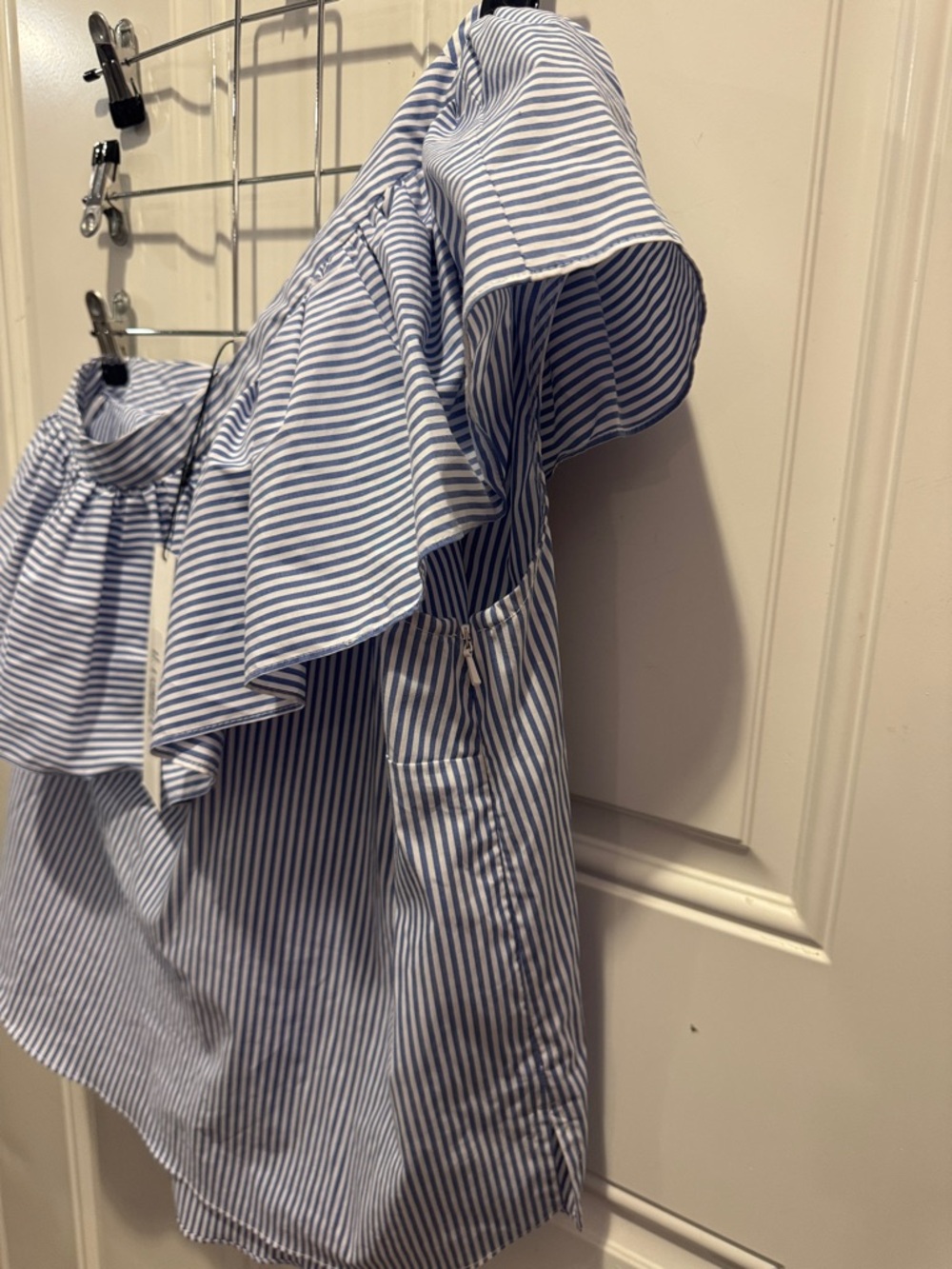 NWT Veronica Beard Cruz Sleeveless Top Blue Striped Off-Shoulder Ruffle $275.00 - Picture 9 of 11